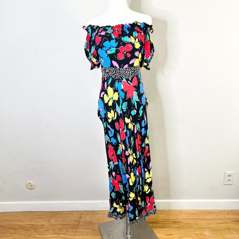 RIXO Target Maxi Dress Off Shoulder Floral Black‎ Multicolor Short Sleeve Size 2